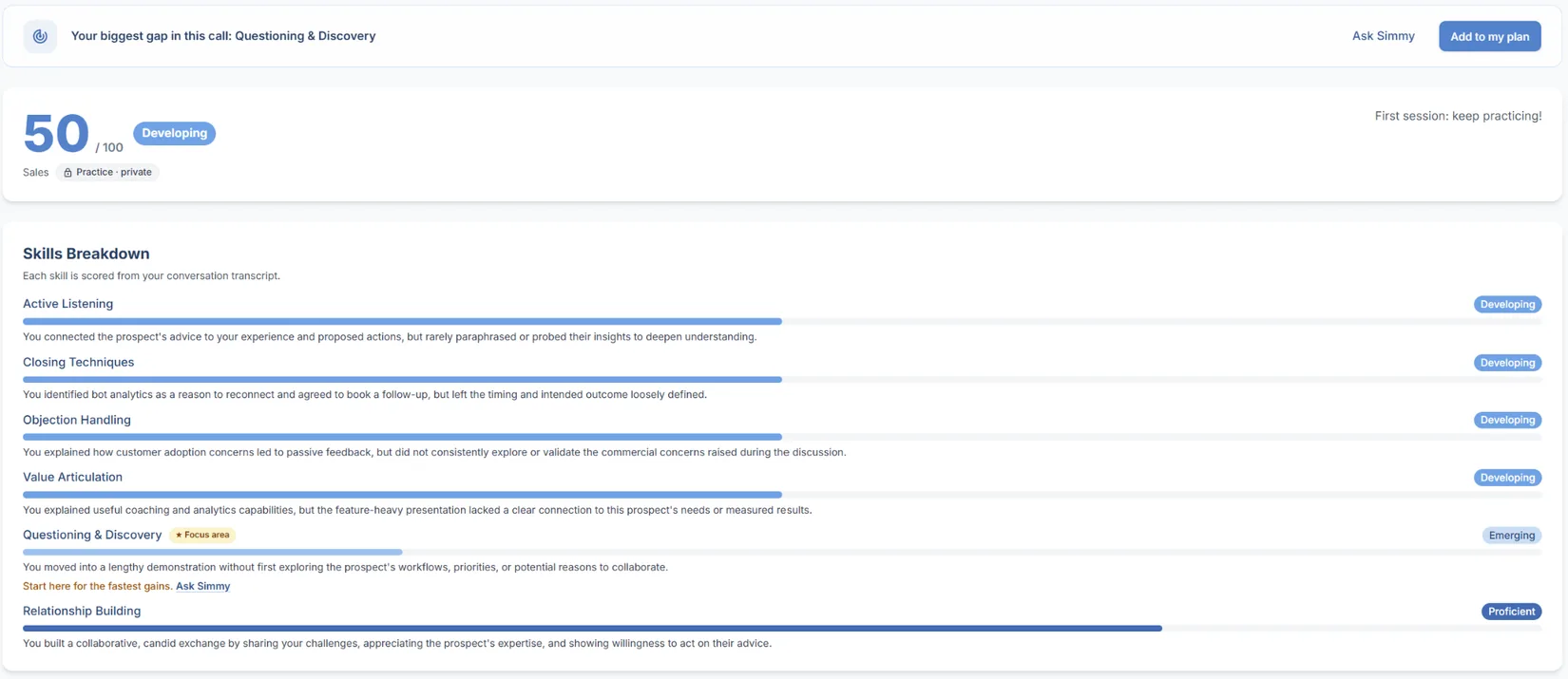 Simmy call feedback showing an overall score and a skills breakdown with written feedback per skill