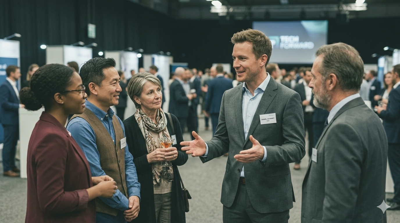 Founders pitching to investors at a conference